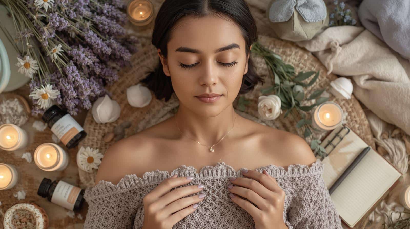 Mujer latina practicando mindfulness con suplementos de magnesio y vitamina B, flores de lavanda y té de manzanilla para manejar el estrés naturalmente